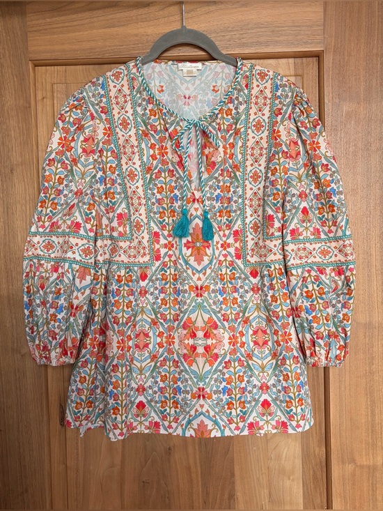 Shoshanna Tops - EUC SHOSHANNA Remi Top Pullover Neck Tie Stretch Cotton 3/4 Sleeve XL Teal/Coral